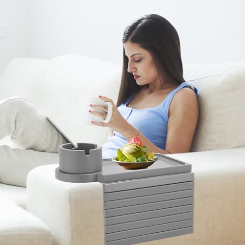 Bamboo Couch Cup Holder Tray with 360° Cup Holder, Removable Anti-Slip Organizer L3348
