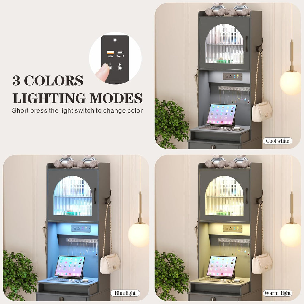 Vanity Desk with Mirror and Lights, Locking Drawers, Charging Station, Grey B88209