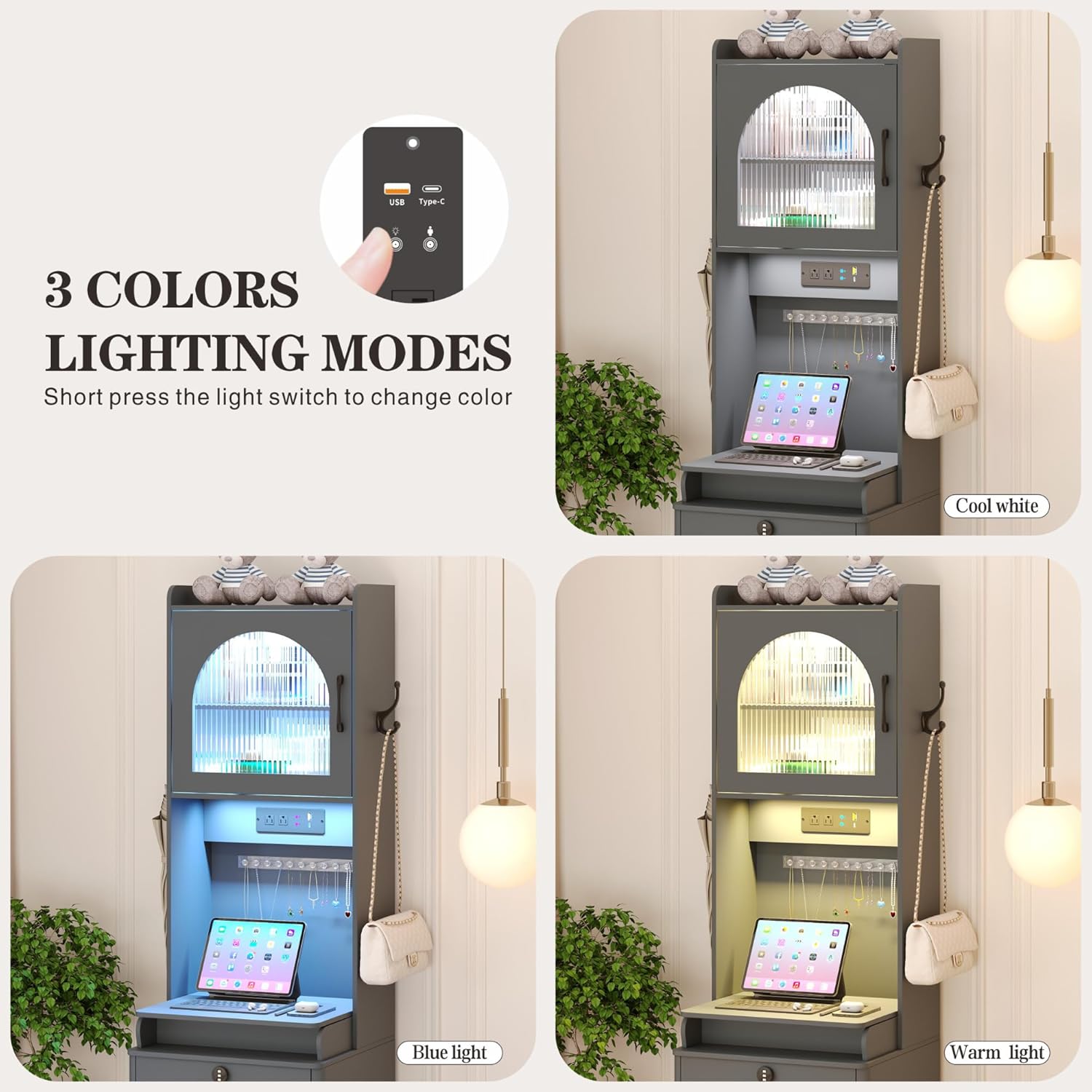 Vanity Desk with Mirror and Lights, Locking Drawers, Charging Station, Grey B88209