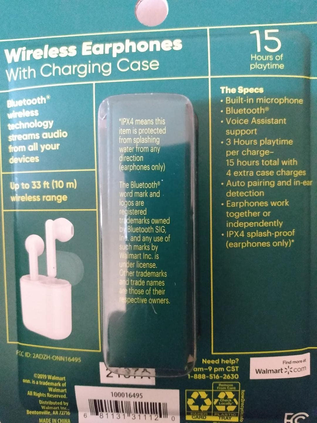 onn. Wireless Earphones with Charging Case, White, 15 Hours Playtime W1505