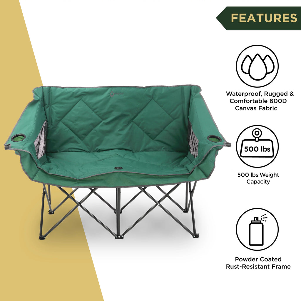 ARROWHEAD OUTDOOR Portable Folding Double Camping Chair with Cup Holders, Padded Seats, Carrying Bag, 500lbs Capacity (Green) N8854