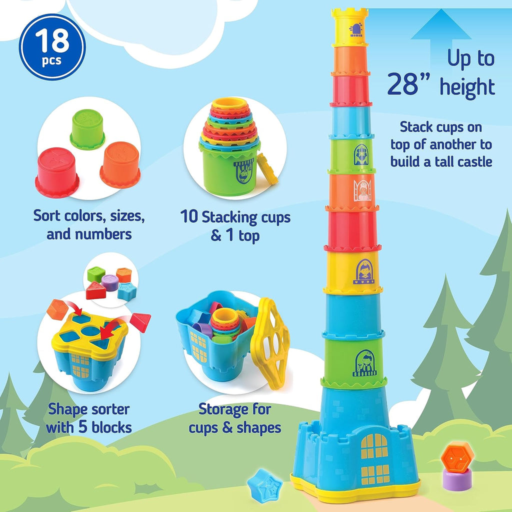 Toddler Baby Castle Stacking Nesting Cups with Shape Sorting Blocks, Gift for 1 2 3 4 Year Old P56306