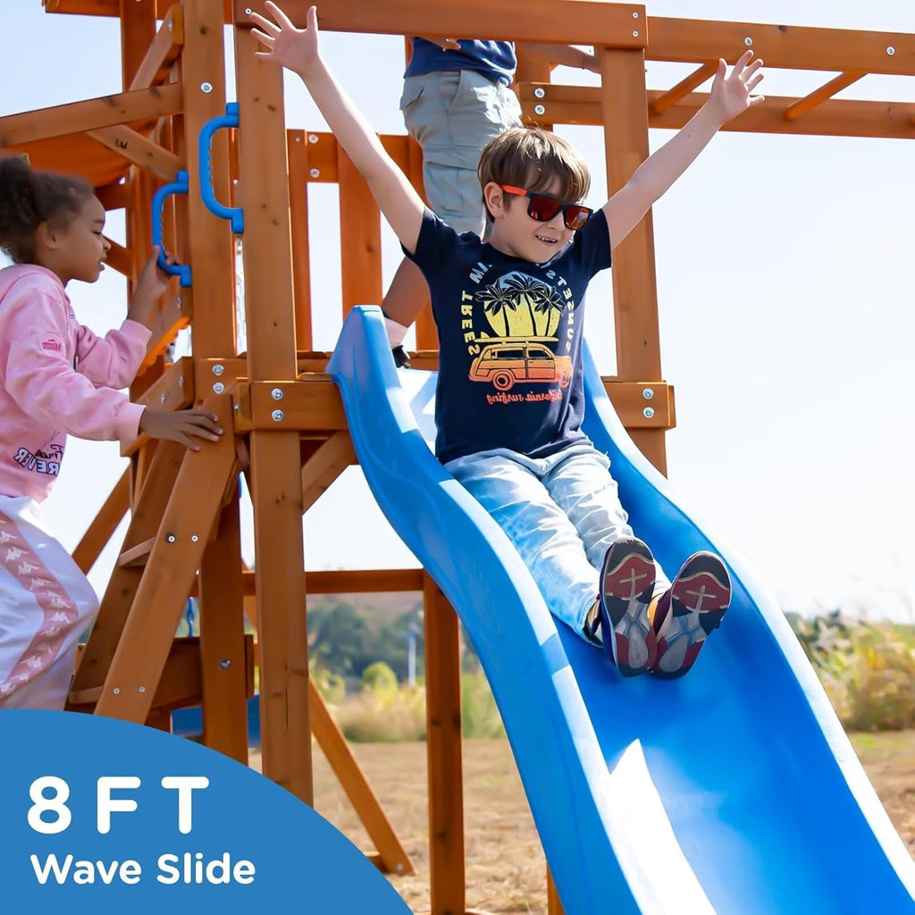 Dolphin Playground Swing Set with Monkey Bar, Wave Slide, and 2 Belt Swings N189529