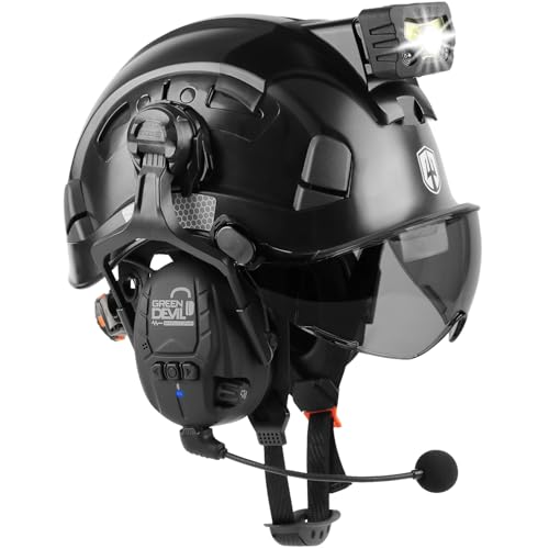 GREEN DEVIL Hard Hat Safety Helmet with Visor Bluetooth Ear Muffs and Headlamp 5 in 1 Full Protection Vented Work Hardhat ANSI Z89.1 Cascos De Construccion for Industrial Construction Forestry