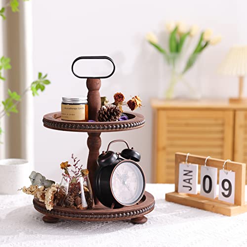 Urban Deco Wooden Two Tiered Serving Tray with Metal Handle, Dark Brown J2052