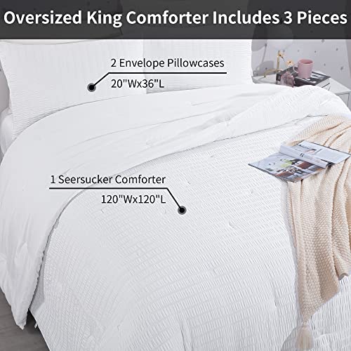 HOMBYS Oversized King Seersucker Comforter Set 128x120, White, 3 Piece D1747