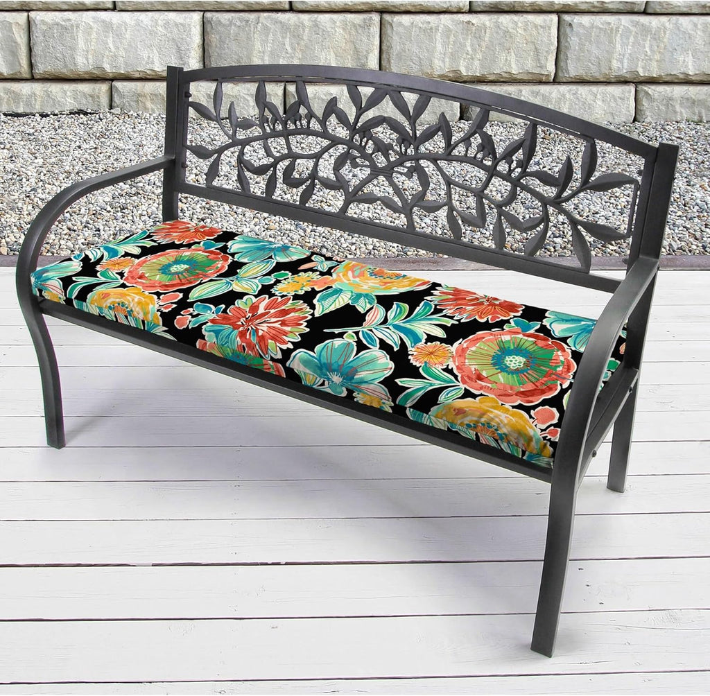 Black Floral Outdoor Bench Cushion 48"x18" with Ties Q3020