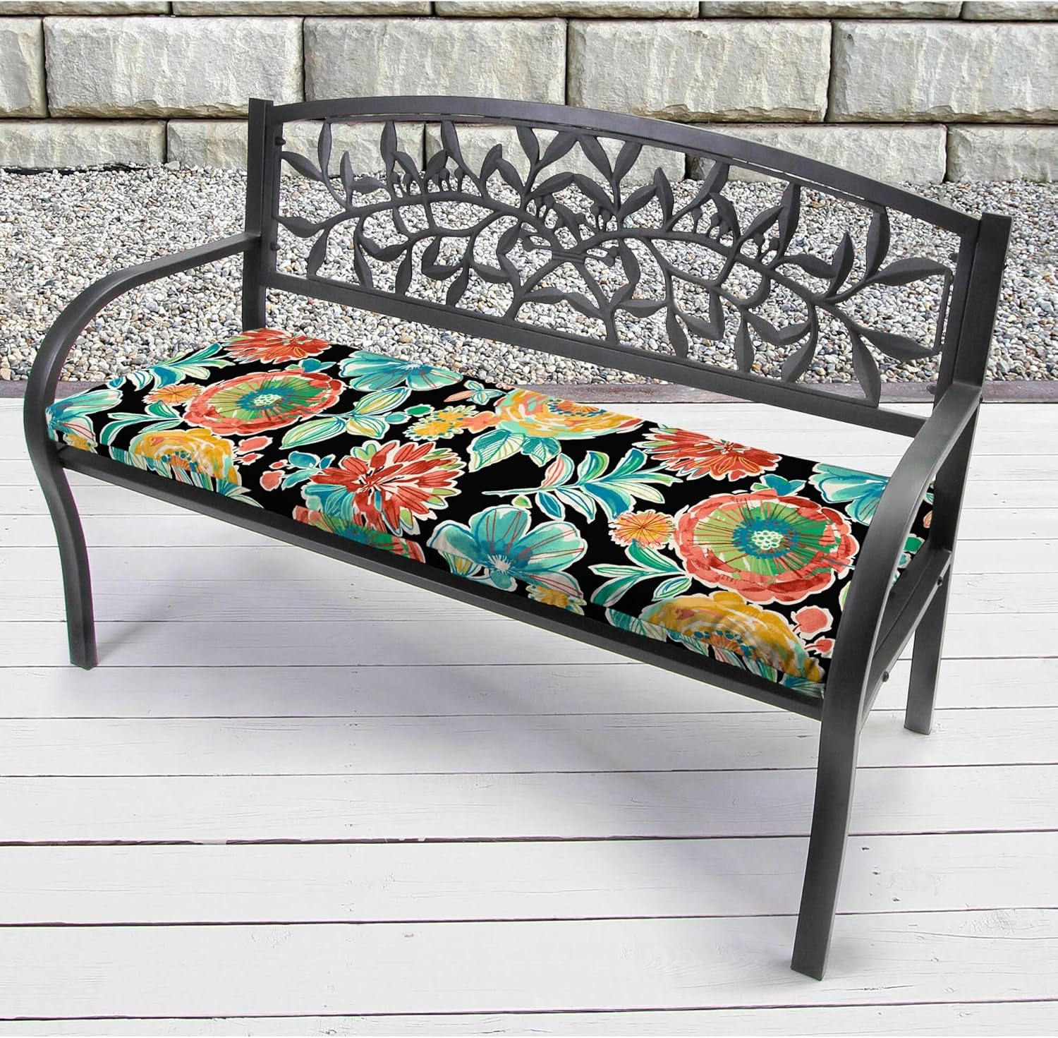 Black Floral Outdoor Bench Cushion 48"x18" with Ties Q3020