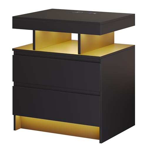 dnbss Nightstand with Wireless Charging Station, LED Lighting & Drawers, Black P995