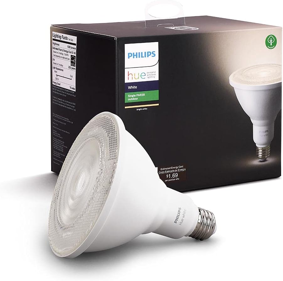 Philips Hue Smart PAR38 LED Bulb - Soft Warm White Light - 1 Pack - 1300LM - E26 - Outdoor - Weatherproof - Control with Hue App - Works with Alexa, Google Assistant and Apple Homekit