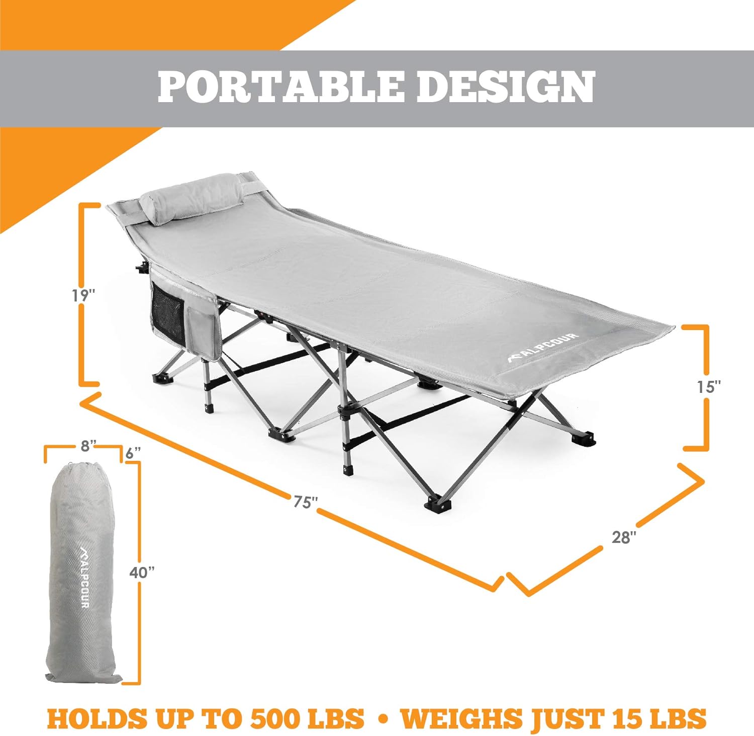Alpcour Extra Large Camping Cot with Pillow, Folding Steel Frame, 75x28", 500 lbs Capacity F927277