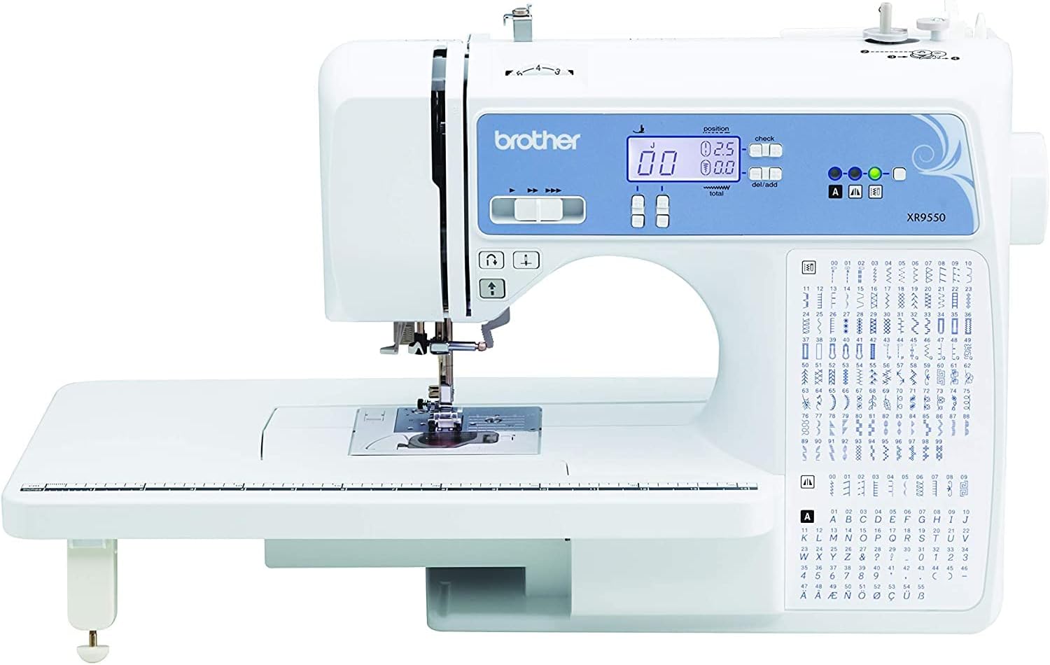 Brother XR9550 Sewing and Quilting Machine, Computerized, 165 Built-in Stitches, LCD Display, Wide Table, 8 Included Presser Feet - White