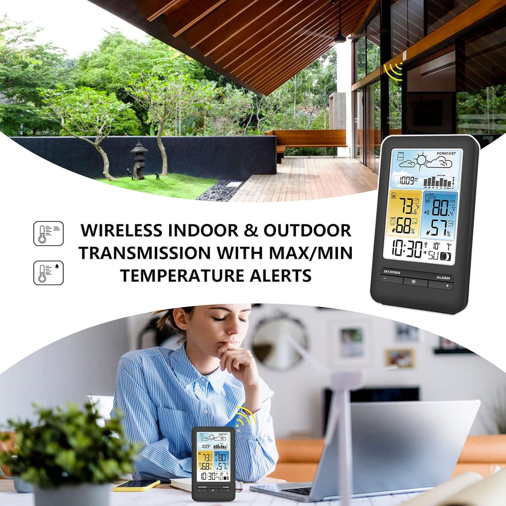 Wireless Indoor Outdoor Weather Station with Color Display, Thermometer, Humidity Monitor, Atomic Clock M97238