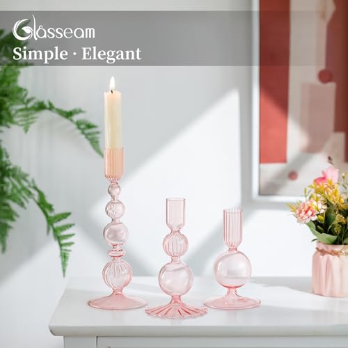 Glasseam Pink Glass Candlestick Holder Set of 3 for Table Centerpiece S2250