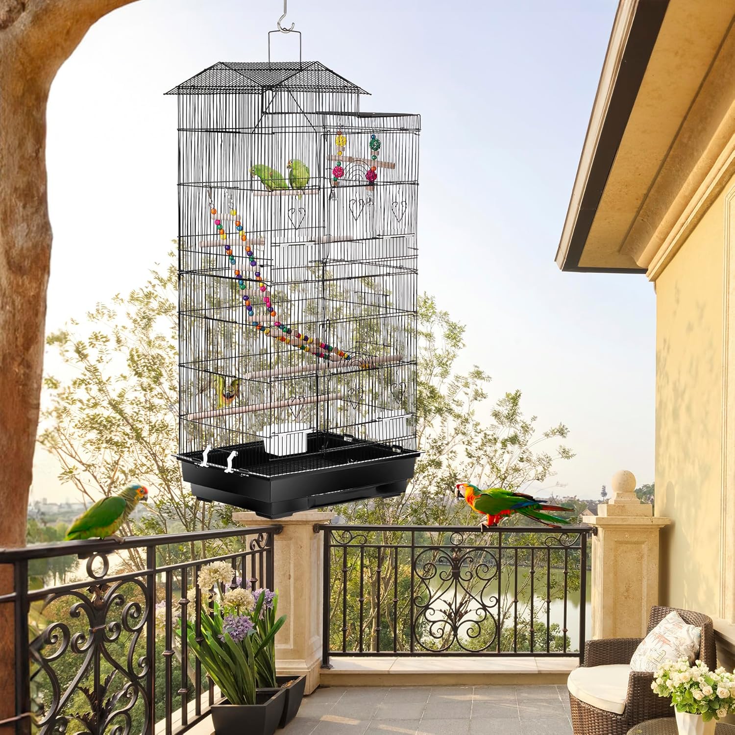39'' Roof Top Parrot Bird Cage with Toys for Cockatiel Sun Conure H8929
