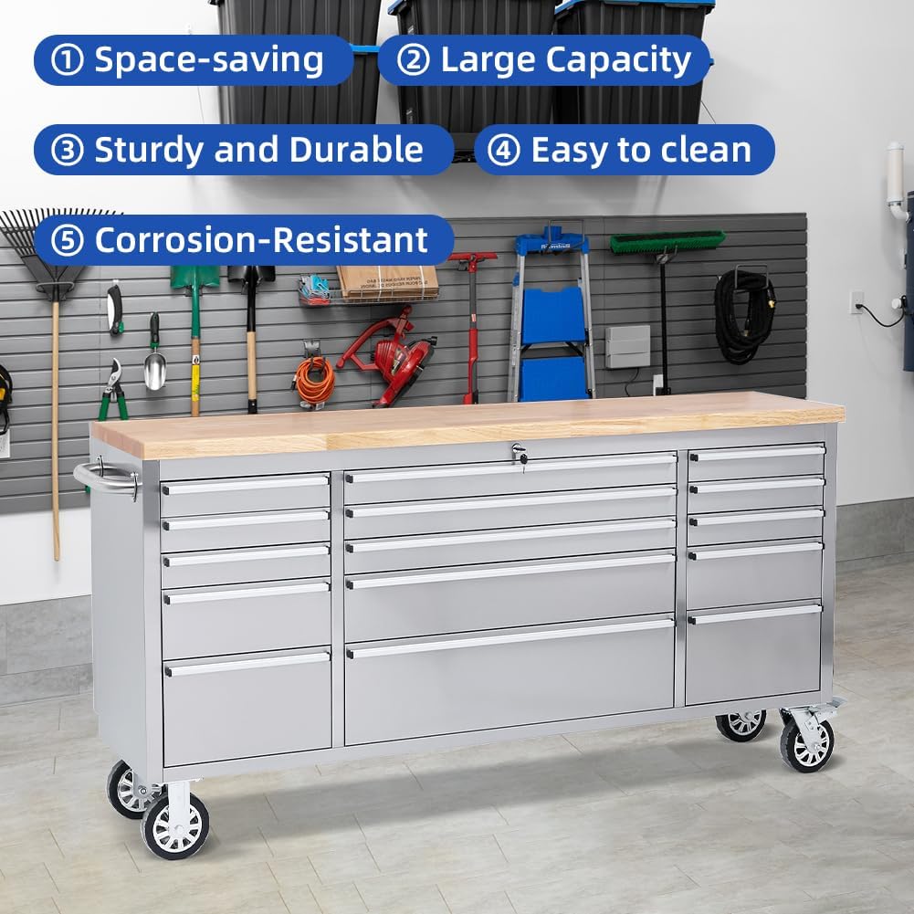 72-inch Stainless Steel Tool Chest with Wheels, 15 Drawers Rolling Cabinet Q185611