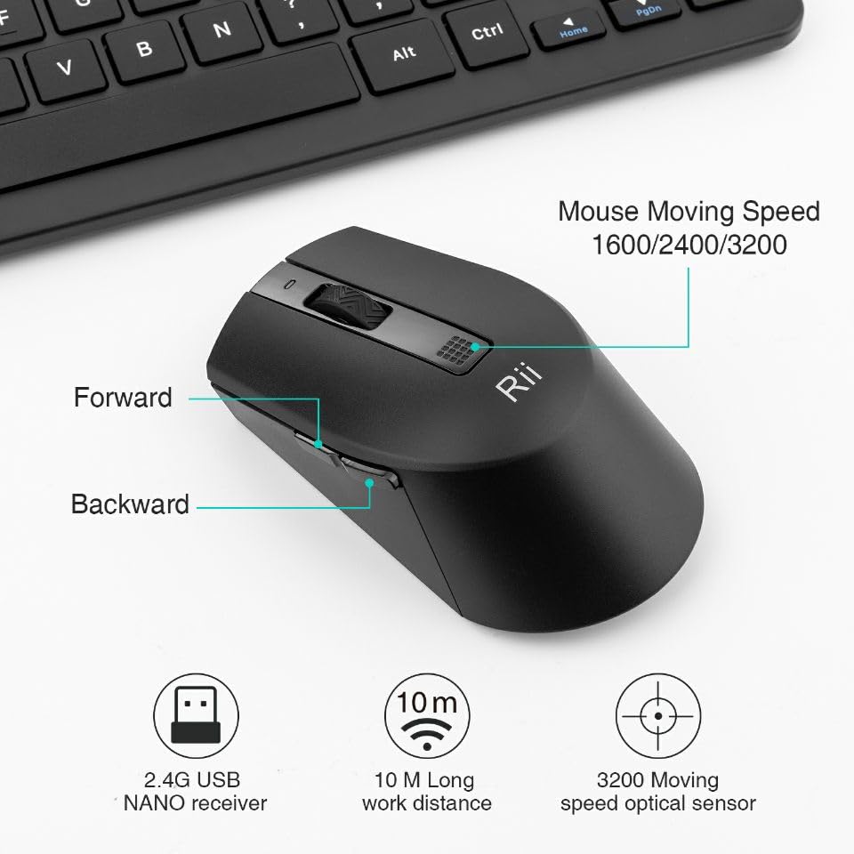 Rii RKM709 2.4GHz Ultra-Slim Wireless Keyboard and Mouse Combo, Black E479733
