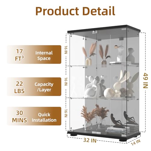 Glass Display Cabinet 4-Shelf 3 Doors with Lock, Black T935070