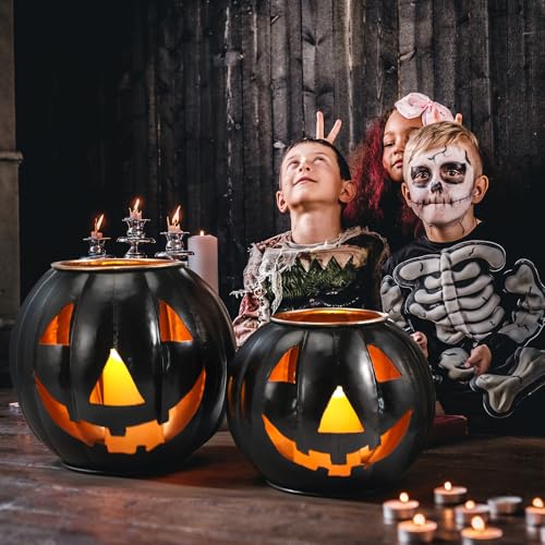 3 Sets Halloween Metal Jack O Lanterns with LED Candles and Black Cloth Decor X7670