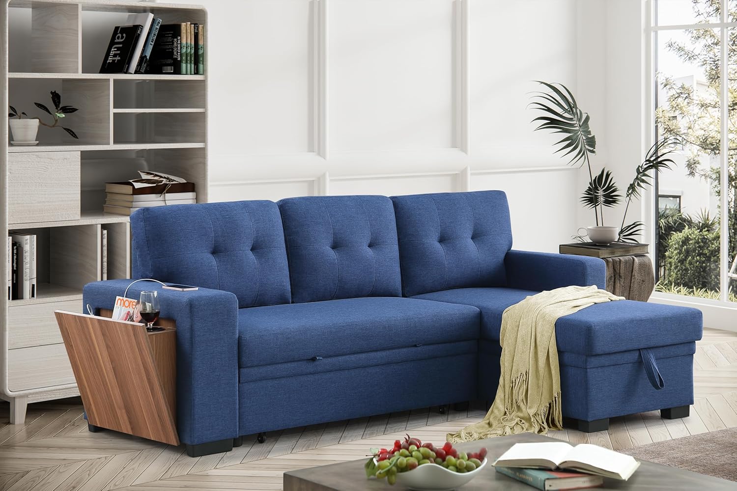 L-Shaped Sectional Sleeper Sofa with Storage Chaise and Pull-Out Bed, Blue S18057