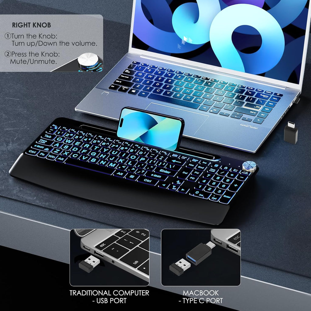 2.4G Wireless Large Print Keyboard with 7 Color Backlit, Rechargeable, Phone Holder & Wrist Rest K791