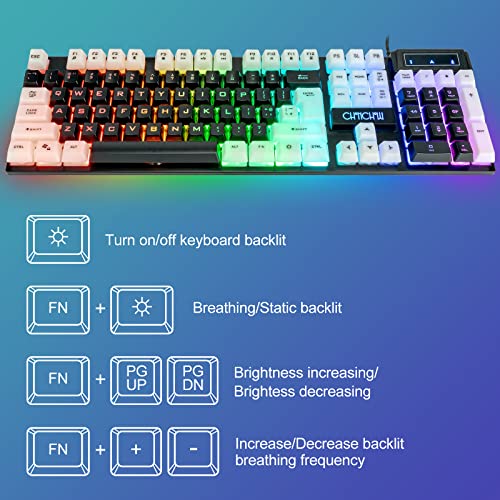 CHONCHOW LED Keyboard and Mouse Combo, 104 Keys Rainbow Backlit, White, for PC Laptop Xbox PS4 A8844