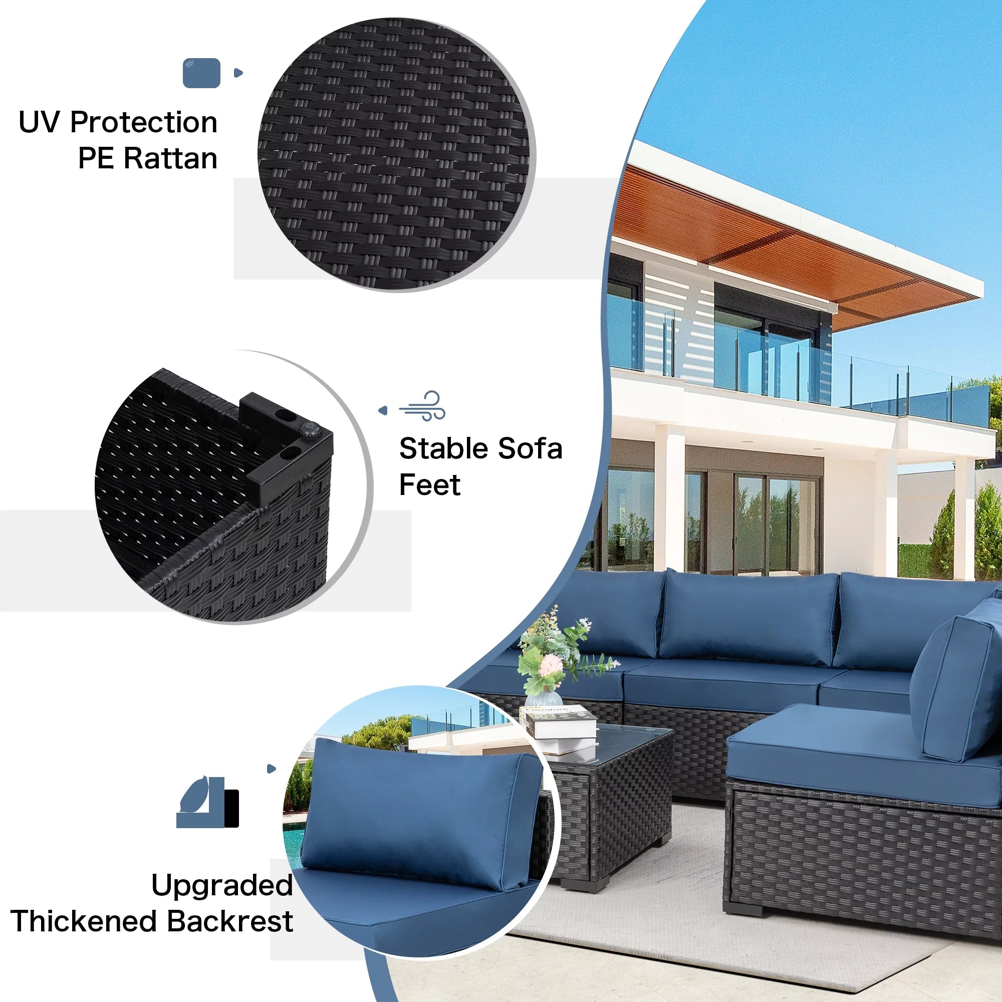 7 Piece Outdoor Sectional Sofa Set with Wicker Frame and Cushions U4327