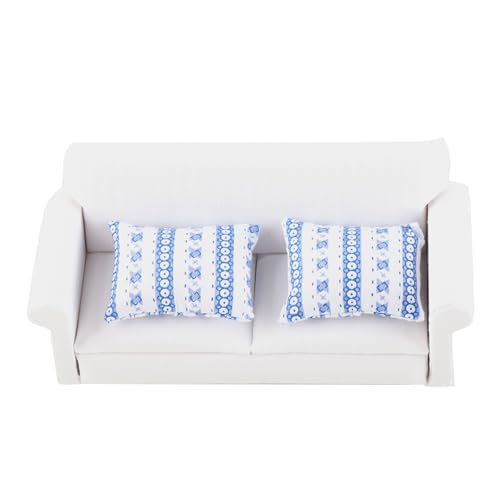 Miniature Sofa Set for 1/12 Dollhouse Living Room, Wooden 2-Seat with Blue Flower Cushion A4869