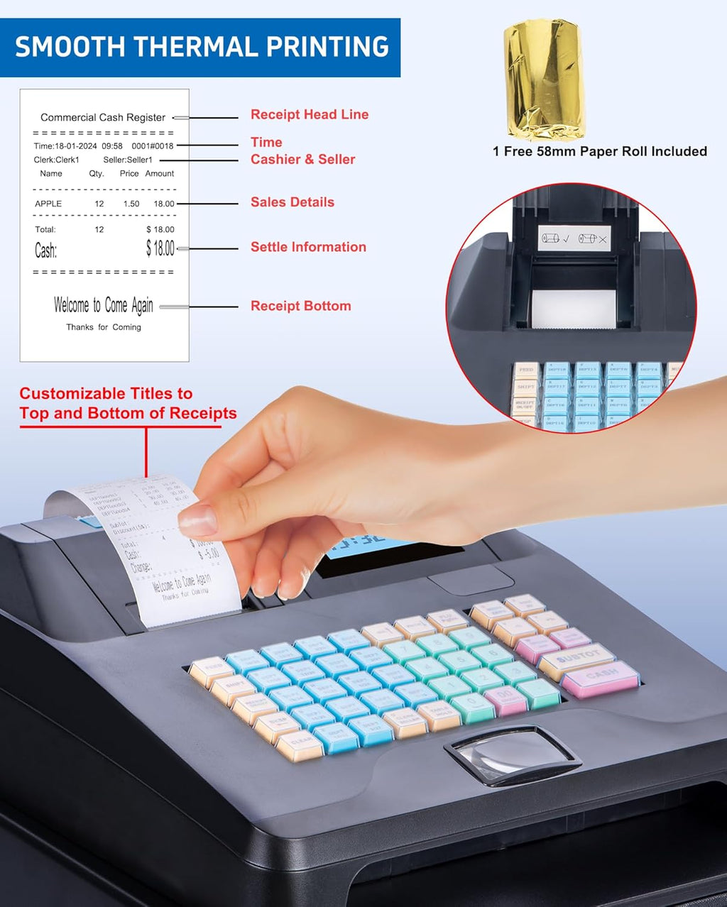 Cash Register with Cash Drawer and Built-In Receipt Printer for Small Business U8126