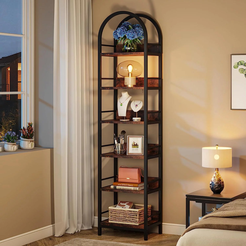 Tribesigns 6-Tier Open Bookshelf, Arched Bookcase with Metal Frame, Rustic Brown K166