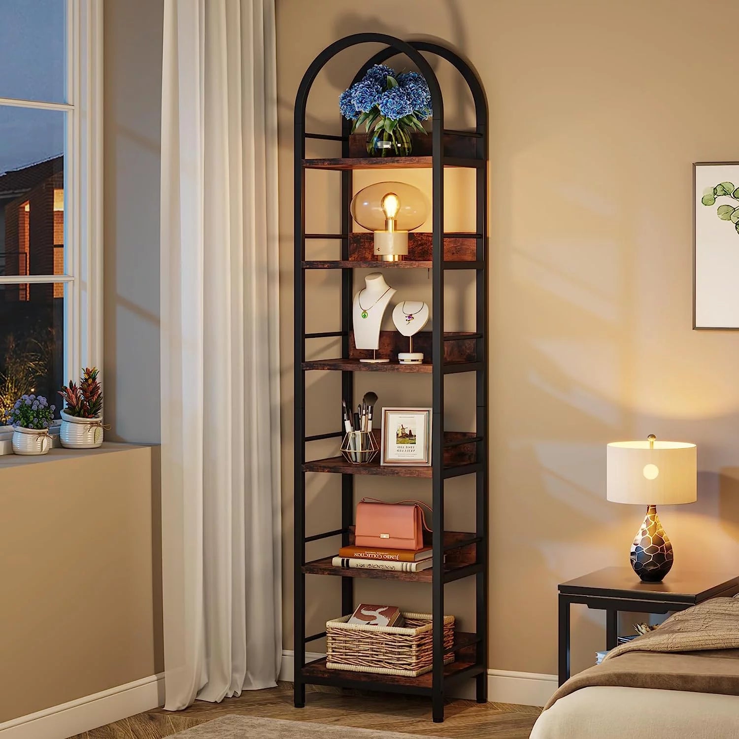 Tribesigns 6-Tier Open Bookshelf, Arched Bookcase with Metal Frame, Rustic Brown K166