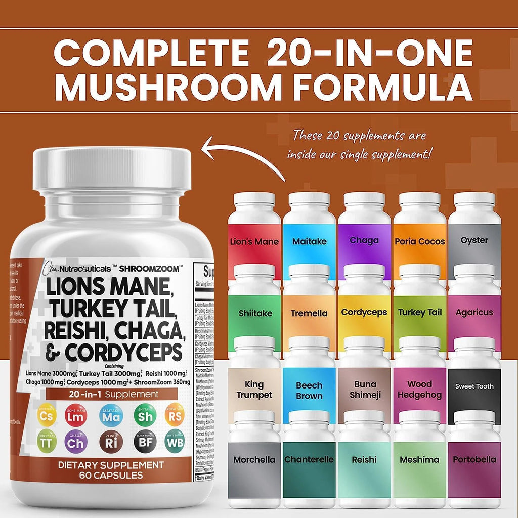 Lions Mane 3000mg 20in1 Mushroom Supplement with Turkey Tail, 60 Count N93354
