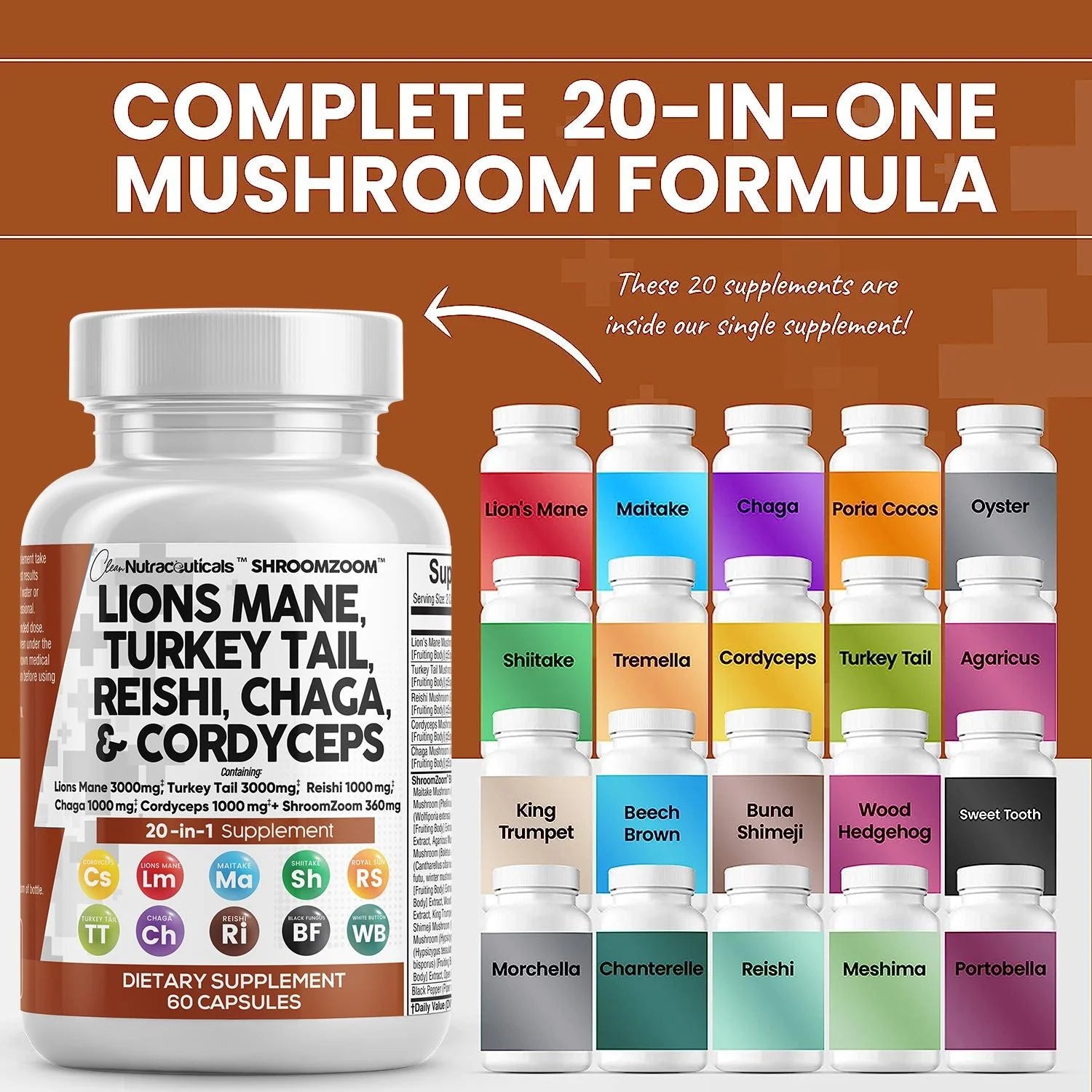 Lions Mane 3000mg 20in1 Mushroom Supplement with Turkey Tail, 60 Count N93354