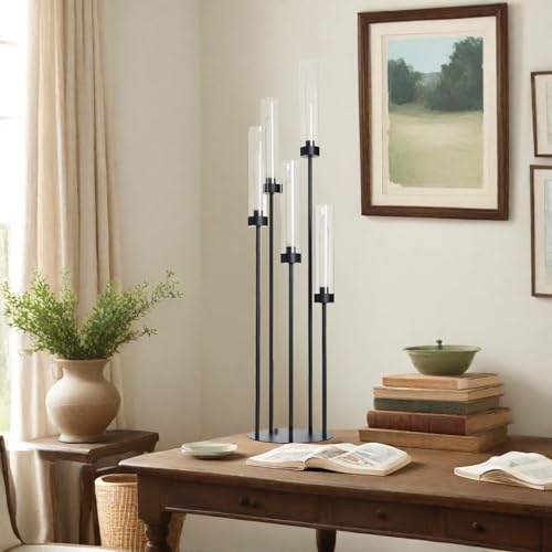 Matte Black 5 Arm Candelabra with Acrylic Shades for Table Centerpiece W6999