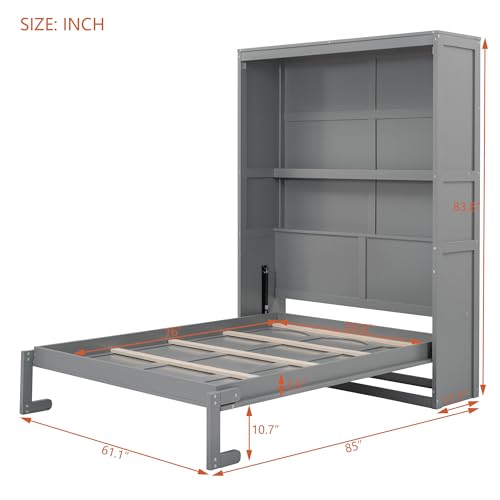 Queen Size Murphy Bed with Shelves, Foldable Wood Wall Bed, White V16042