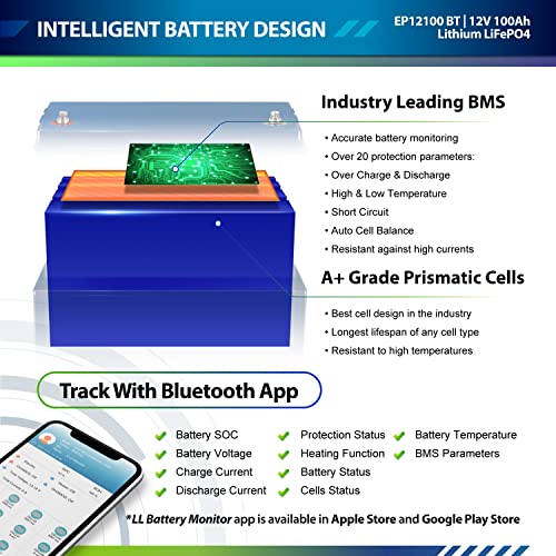 ExpertPower 12V 100Ah LiFePO4 Deep Cycle Battery with Bluetooth and Built-in BMS L759613