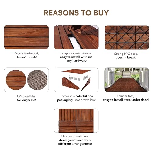 Flybold Interlocking Deck Tiles Teak Wood 12" x 12" Weather Resistant Anti-Slip Patio Pavers Pack of 10 M48059