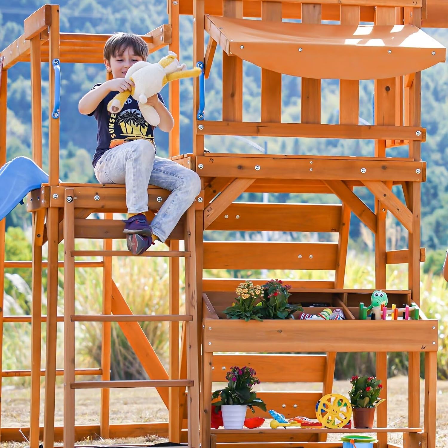 Dolphin Playground Swing Set with Monkey Bar, Wave Slide, and 2 Belt Swings N189529