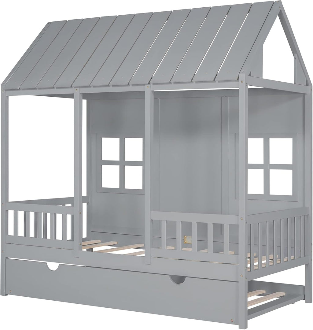 Twin Size House Bed with Trundle and Guardrails, Gray J325