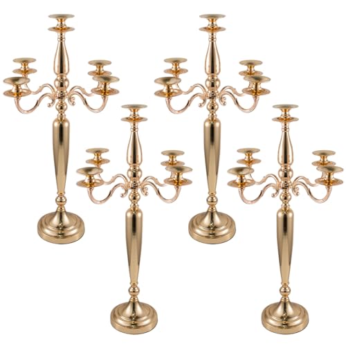 Vincidern 4Pcs 5 Arm Candelabra, Gold Taper Candle Holder for Wedding Table Centerpieces, Christmas Valentine's Day Decorative Metal Candlestick Holder (28 Inch Tall)