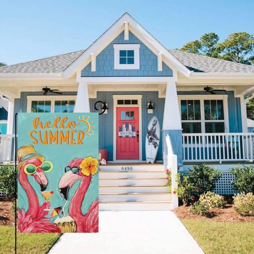 Baccessor Hello Summer Garden Flag Double Sided 12.5x18 Inch Pink Flamingo Tropical Beach Q202
