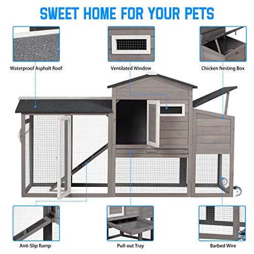 71" Wooden Chicken Coop with Nesting Box and Wheels P66748