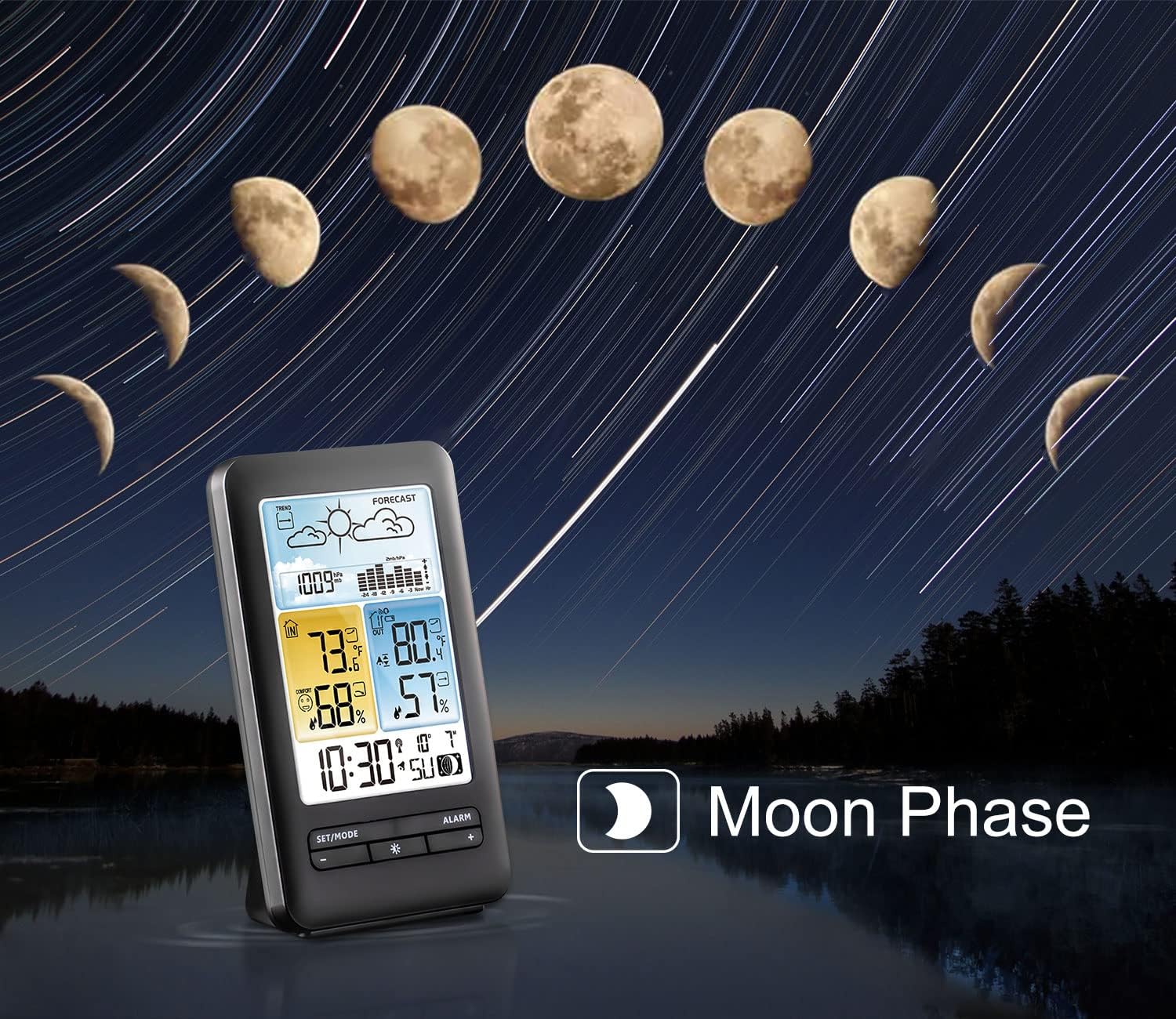Wireless Indoor Outdoor Weather Station with Color Display, Thermometer, Humidity Monitor, Atomic Clock M97238