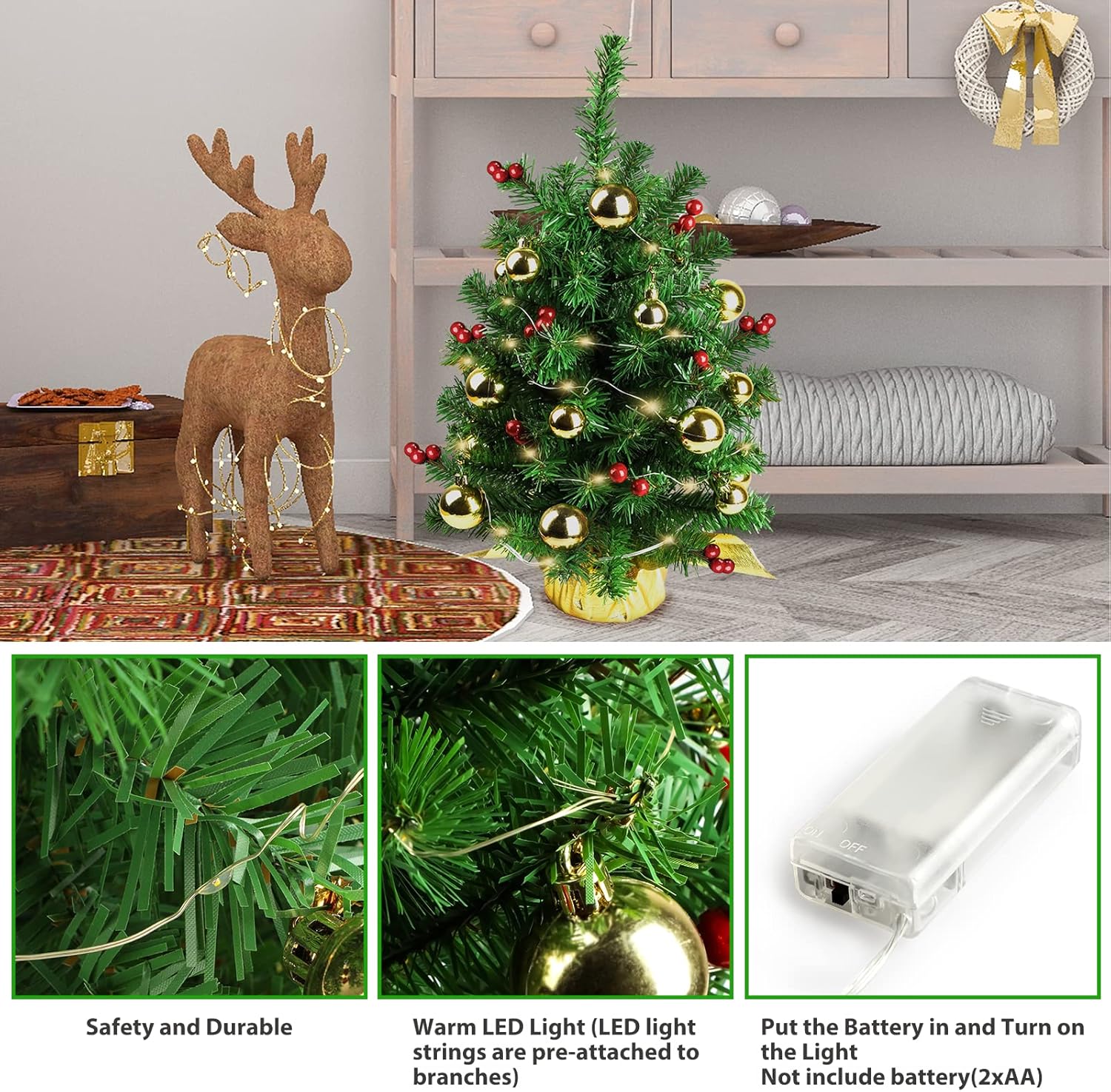 Mini Prelit Christmas Tree 22in with LED Lights and Gold Ornaments I1726