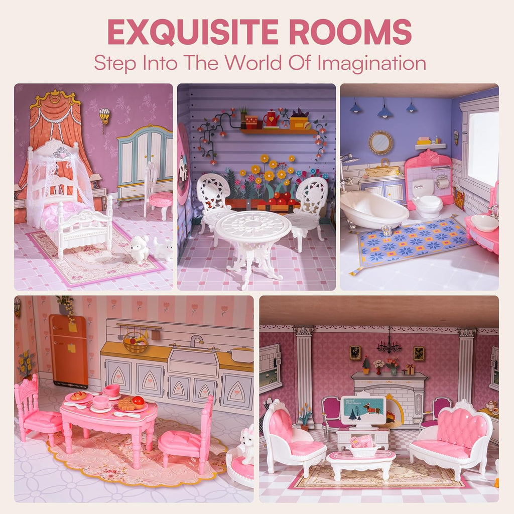 ROBUD Wooden Dollhouse Playset with 24 PCS Furniture for Kids G8520