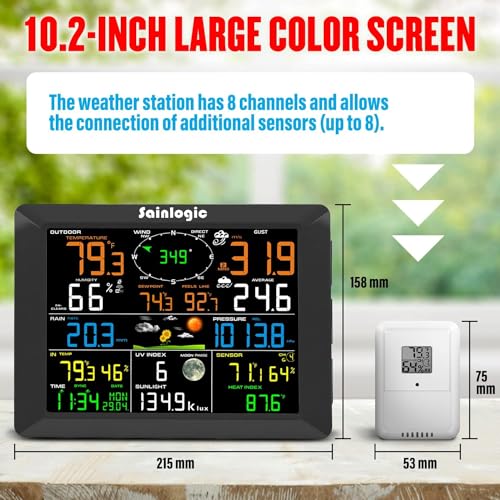 Sainlogic 10-in-1 WiFi Smart Weather Station with Outdoor Sensor and 8.3 Inch Color Display K845