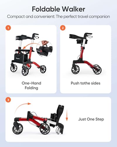 Rollator Walker with Seat, Foldable Aluminum, Height Adjustable, 8" Wheels for Seniors (Red) K5683