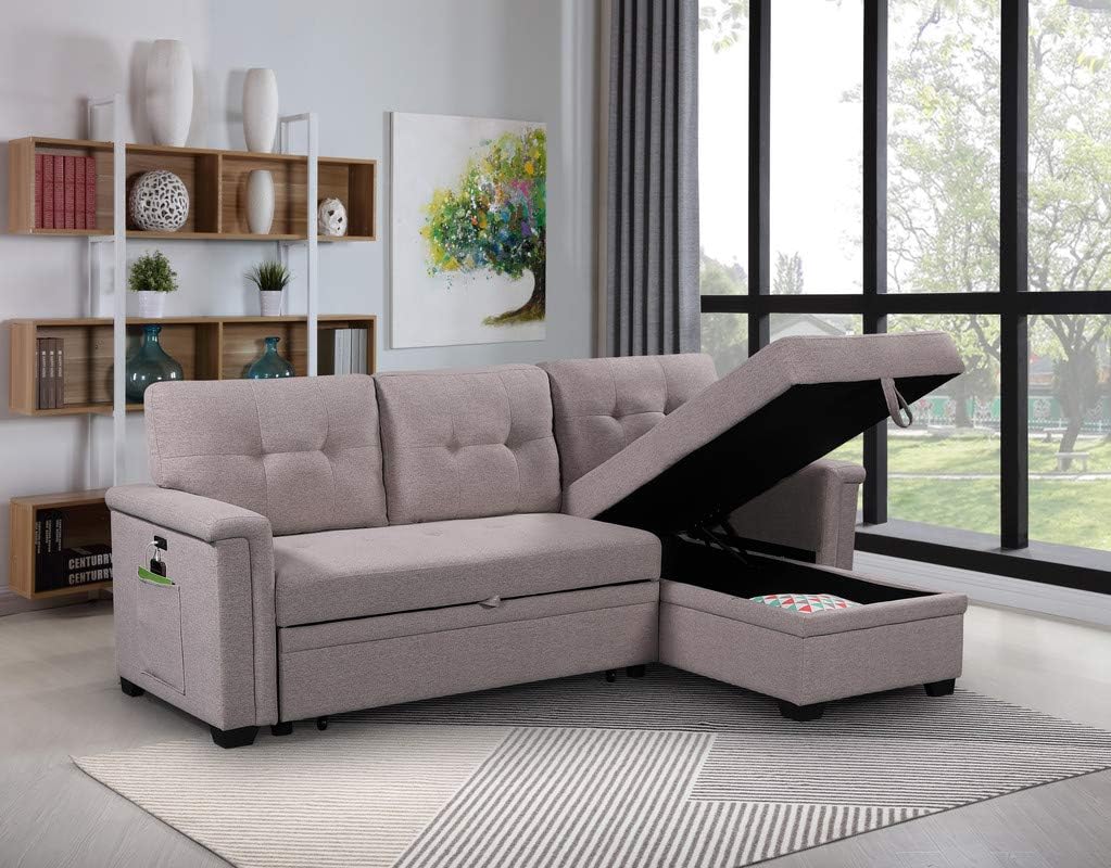 Linen Tufted Sectional Sleeper Sofa with Storage Chaise and Pull Out Bed, Light Gray M466231