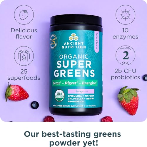 Ancient Nutrition SuperGreens Powder with Probiotics, Organic Mango Flavor, 12 Servings S2170