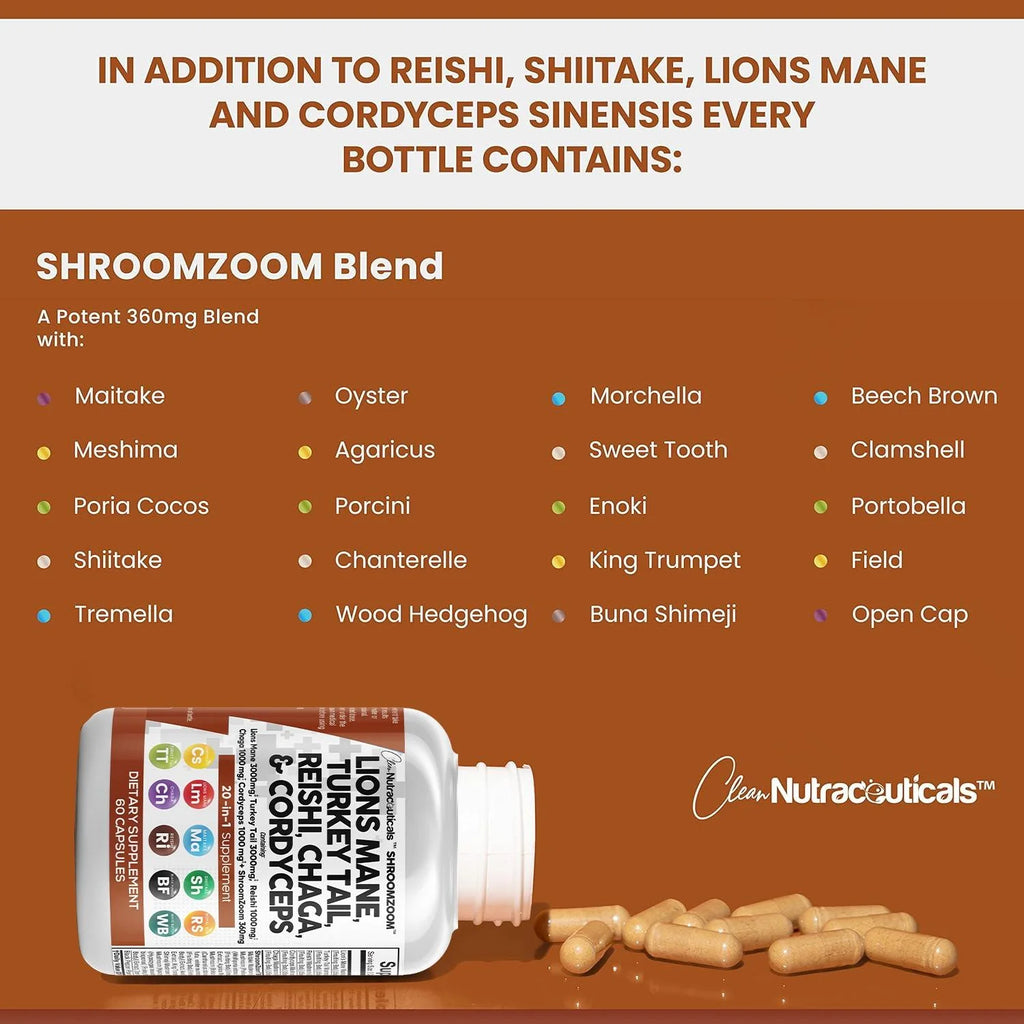 Lions Mane 3000mg 20in1 Mushroom Supplement with Turkey Tail, 60 Count N93354